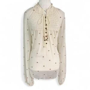 Free People Ready to Run Dot Smocked Georgette Blouse Top Cream Sheer size large